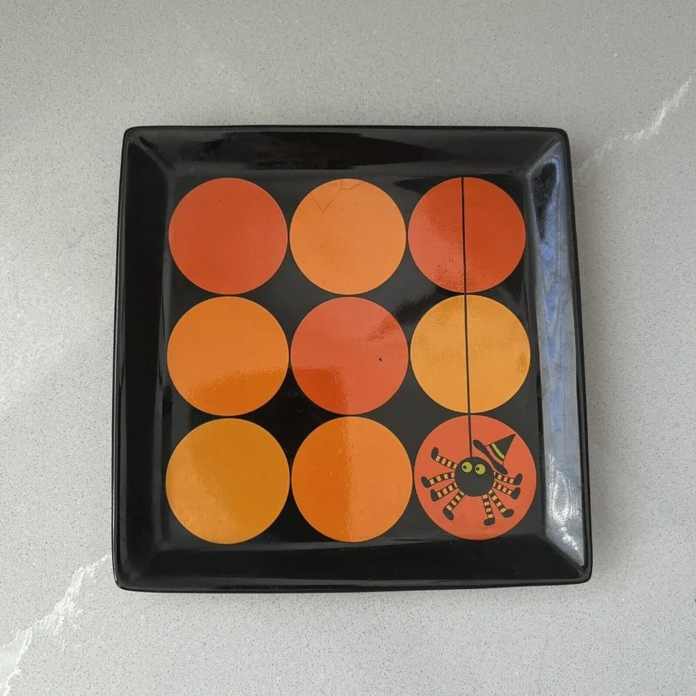 Crate & Barrel Square Halloween Spider Appetizer Plate Ceramic Black Orange